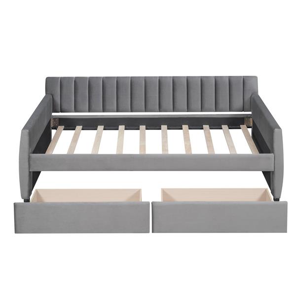 Twin Size Upholstered daybed with Drawers, Wood Slat Support, Gray