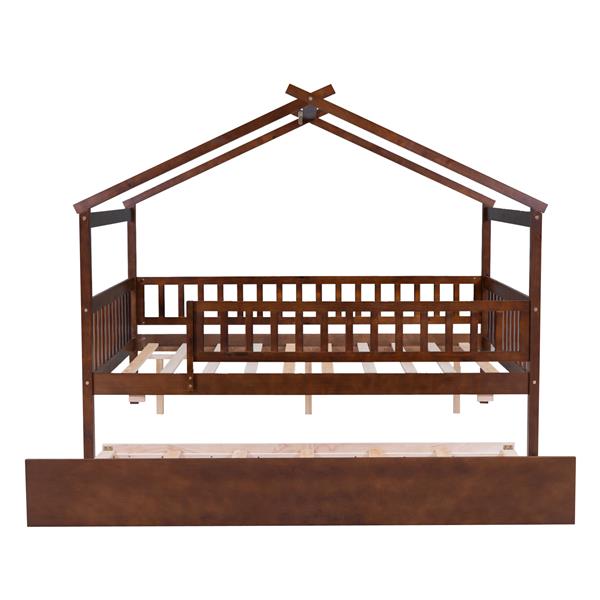 Full Size Wooden House Bed with Twin Size Trundle, Walnut