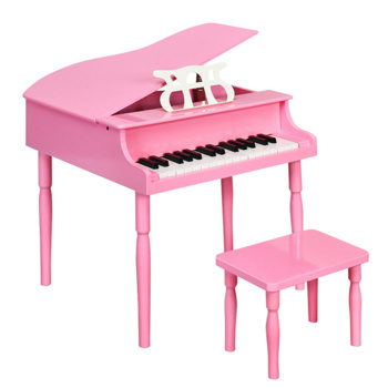 Pink Kids Piano 30-Key Wood Toy Kids Grand Piano with Bench and Music Rack