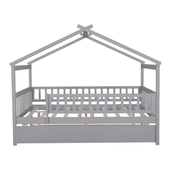 Full Size Wooden House Bed with Twin Size Trundle, Gray