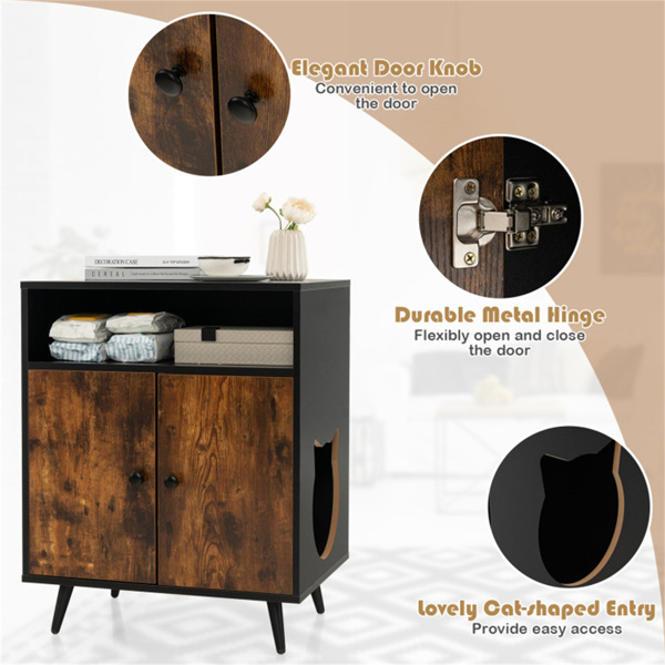 Double door litter box, brown wood interior storage furniture, nightstand, side table, end table