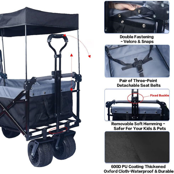 Collapsible Wagon Heavy Duty Folding Wagon Cart with Removable Canopy, 4" Wide Large All Terrain Wheels, Brake, Adjustable Handles,Cooler Bag Utility Carts for Outdoor Garden Wagons Carts Beach Cart