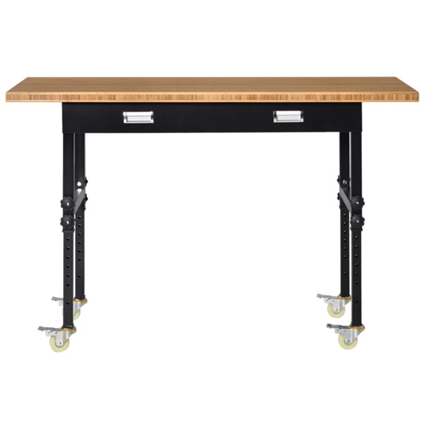   59" Garage Work Bench with Drawer and Wheels, Height Adjustable Legs, Bamboo Tabletop Workstation Tool Table 