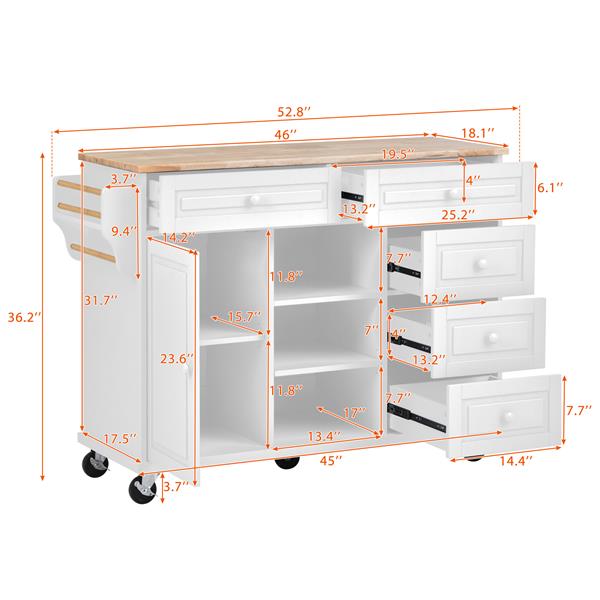 Kitchen cart with Rubber wood desktop rolling mobile kitchen island with storage and 5 draws 53 Inch  length(White)