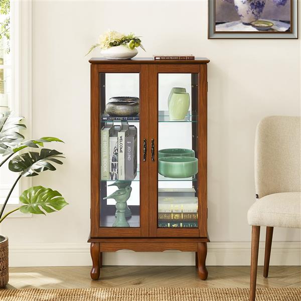 Curio Cabinet Lighted Curio Diapaly Cabinet with Adjustable Shelves and Mirrored Back Panel, Tempered Glass Doors (Oak, 3 Tier), (E26 light bulb not included)