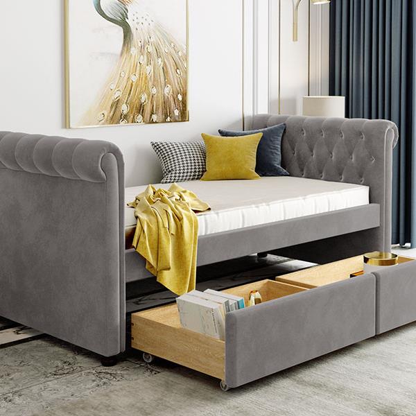 Twin Size Upholstered daybed with Drawers, Wood Slat Support, Gray