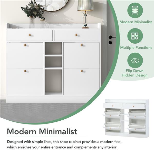 [VIDEO provided] Modern Shoe Cabinet with 4 Flip Drawers, Multifunctional 2-Tier Shoe Storage Organizer with Drawers, Free Standing Shoe Rack for Entrance Hallway, White.