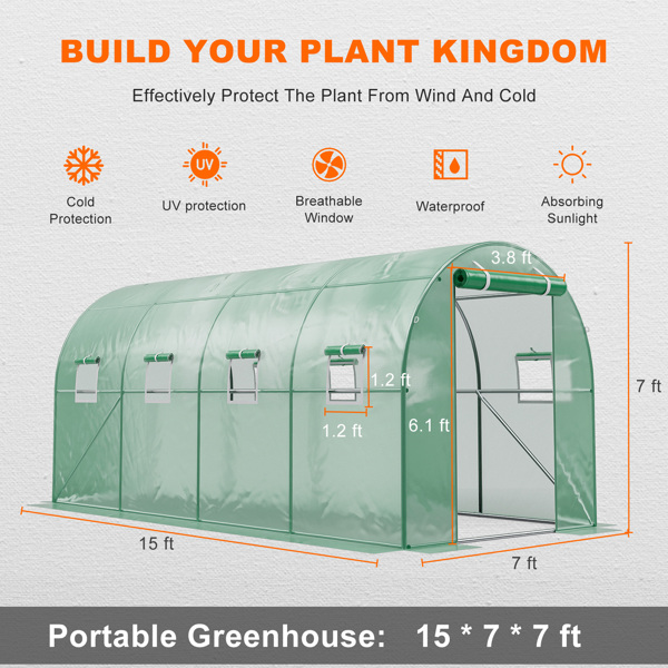 15x7x7FT Greenhouses for Outdoor Heavy Duty Hot House for Garden Plant Large Walk-in Greenhouse Tunnel Upgraded PE Cover w/ Galvanized Steel Frame 8 Screen Windows