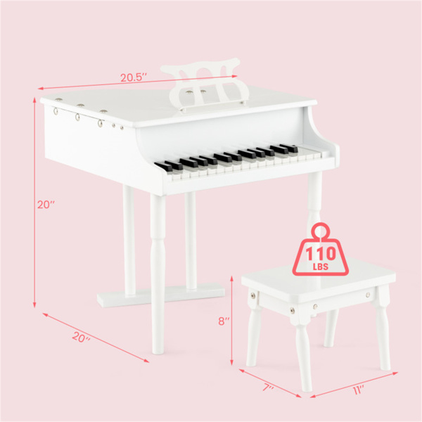 White Kids Piano 30-Key Keyboard Toy with Bench Piano Lid and Music Rack