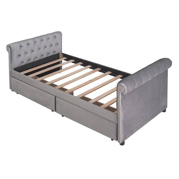 Twin Size Upholstered daybed with Drawers, Wood Slat Support, Gray