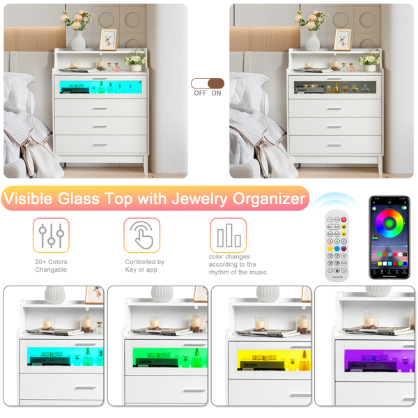 FCH white pitted particle board with melamine-coated tempered glass 76*40cm*101cm four drawers with compartments drawer cabinet with RGB light strip + 2 USB + 2 three-plug power socket