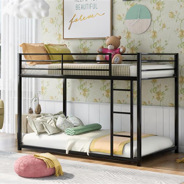 Twin over Twin Metal Bunk Bed, Low Bunk Bed with Ladder, Black