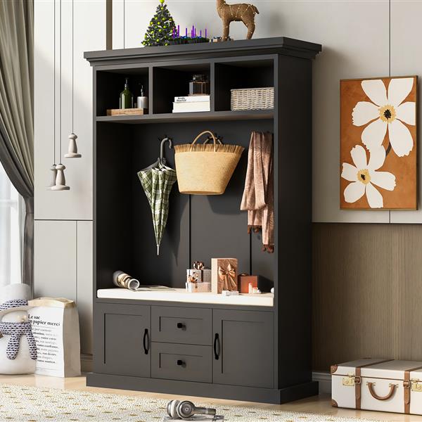 Hall Tree with 3 Hooks , Coat Hanger, Entryway Bench, Storage Bench, 3-in-1 Design, 47.2INCH, for Entrance, Hallway (Black)