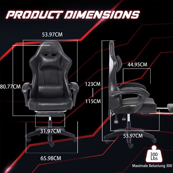 Ergonomic Gaming Chair with Footrest, Comfortable Computer Chair for Heavy People, Adjustable Lumbar Desk Office Chair with 360°-Swivel Seat, PU Leather Video Game Chairs for Adults, Black