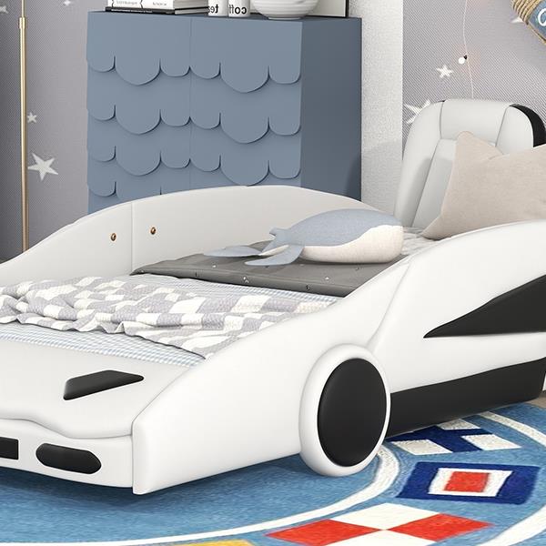 Twin Size Race Car-Shaped Platform Bed with Wheels, White