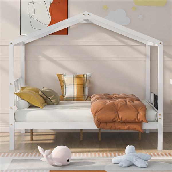 Full Size Wood House Bed with Storage Space, White