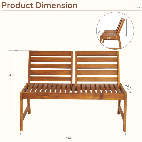 Acacia Wood Outdoor Patio Bench with Adjustable Backrest, 2-Person Park Bench Garden Bench Front Porch Bench for Yard Lawn Decor Deck, Natural Wood Color