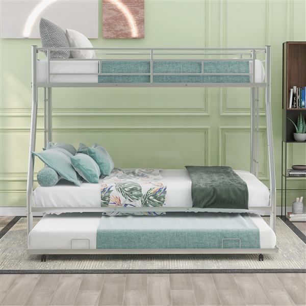 Twin over Full Bed with Sturdy Steel Frame, Bunk Bed with Twin Size Trundle, Two-Side Ladders, Silver