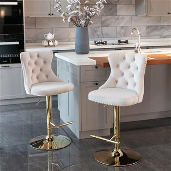 Furniture,Golden Swivel Velvet Barstools Adjusatble Seat Height from 25-33 Inch,Modern Upholstered Bar Stools with Backs Comfortable Tufted for Home Pub and Kitchen Island,Beige,Set of 2