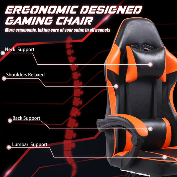 Ergonomic Gaming Chair with Footrest, Comfortable Computer Chair for Heavy People, Adjustable Lumbar Desk Office Chair with 360°-Swivel Seat, PU Leather Video Game Chairs for Adults, Orange