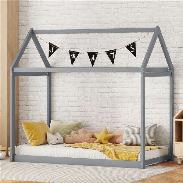 Twin Size Wooden House Bed, Gray