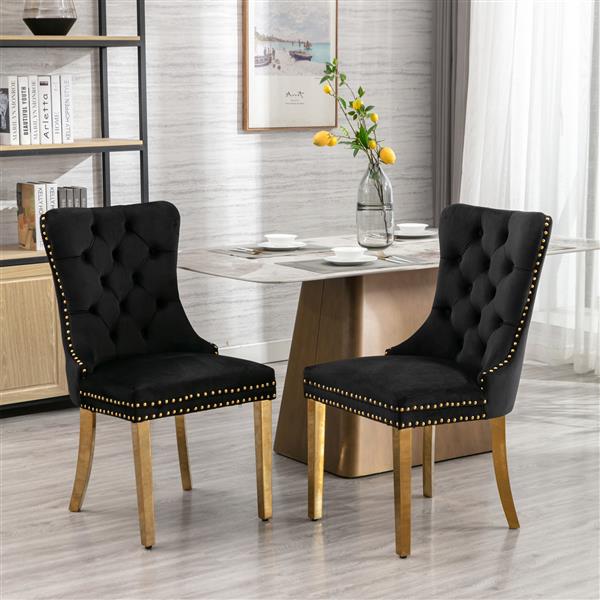 Furniture,Modern, High-end Tufted Solid Wood Contemporary Velvet Upholstered Dining Chair with Golden Stainless Steel Plating Legs,Nailhead Trim,Set of 2，Black and Gold, SW1601BK