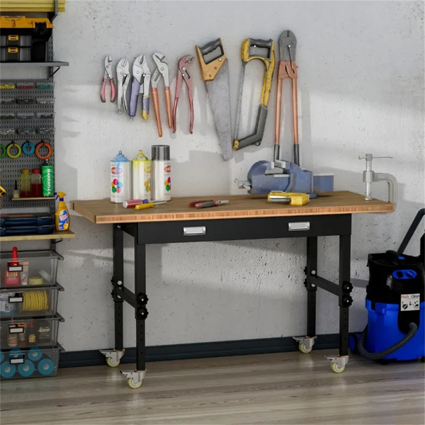   59" Garage Work Bench with Drawer and Wheels, Height Adjustable Legs, Bamboo Tabletop Workstation Tool Table 