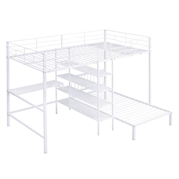 Full Over Twin Metal Bunk Bed with Built-in Desk, Shelves and Ladder, White