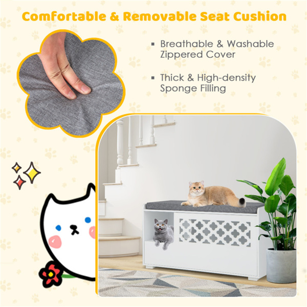 Cat Litter Box Enclosure，Entrance Shoe Stool with Removable Cushion and Front Open Door