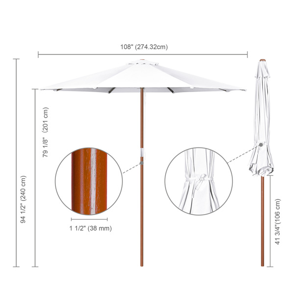 9ft Wooden Umbrella, Outdoor Patio Umbrella, Wood Market Umbrella, Patio Umbrella Wood Pole with Pulley Lift for Garden, Yard, Deck, Pool, Market - White（No shipments on weekends）