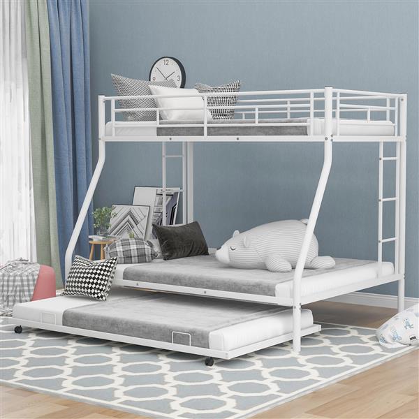 Twin over Full Bed with Sturdy Steel Frame, Bunk Bed with Twin Size Trundle, Two-Side Ladders, White