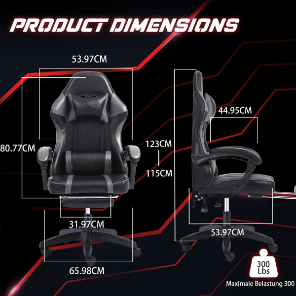 带脚踏板的人体工学游戏椅，适合体重较重人士使用的舒适电脑椅，可调节腰靠背办公椅，带 360° 旋转座椅，成人用 PU 皮革游戏椅，灰色-3