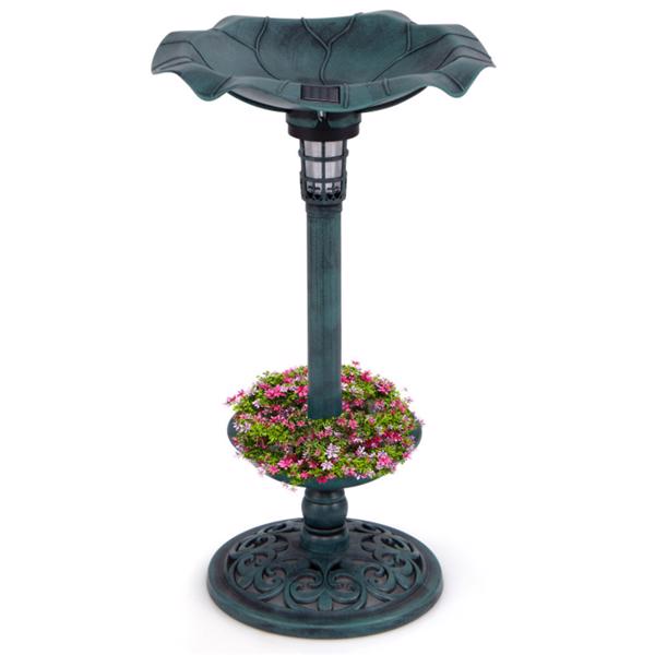 Green Standing Pedestal Birdbath and Feeder Combo with Solar Powered Lamp