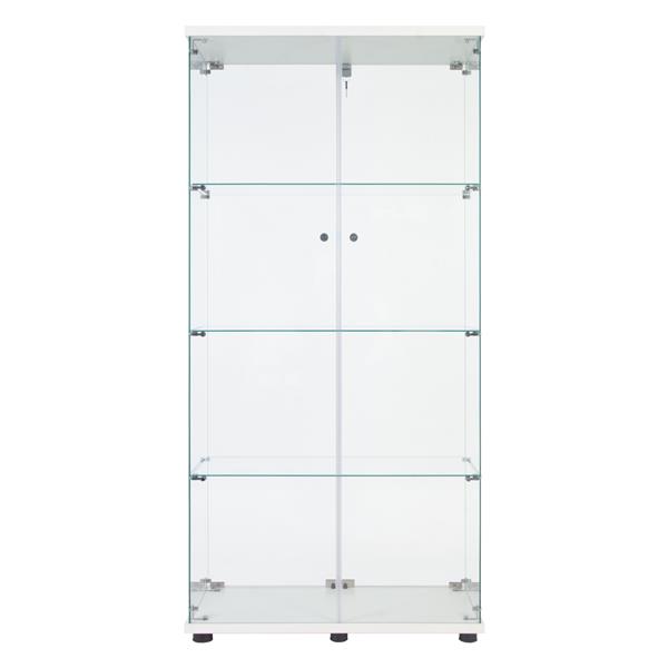 Two Door Glass Cabinet Glass Display Cabinet with 4 Shelves, White