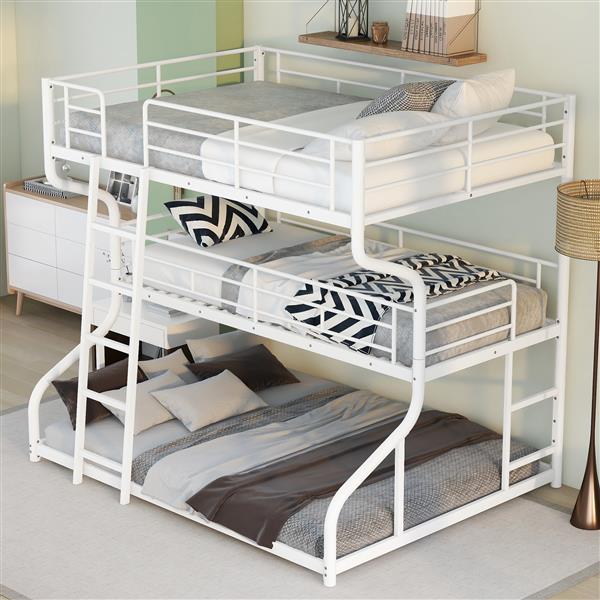 Full XL over Twin XL over Queen Size Triple Bunk Bed with Long and Short Ladder,White