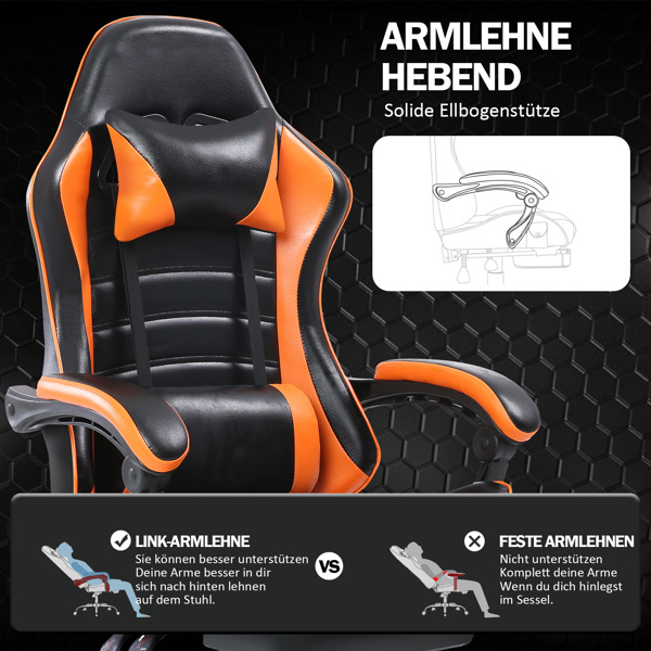 Computer Gaming Chairs with Footrest, Ergonomic Gaming Computer Chair for Adults, PU Leather Office Chair Adjustable Desk Chairs with Wheels, 360°Swivel Big and Tall Gamer Chair, Orange