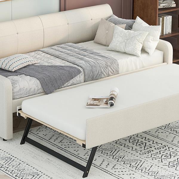 Twin Size Upholstery Daybed with Trundle and USB Charging Design,Trundle can be flat or erected,Beige