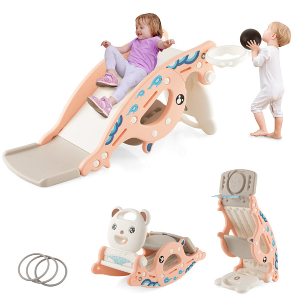 4-in-1 Kids Portable Slide Rocking Horse Toy with Basketball Hoop and Ring Toss