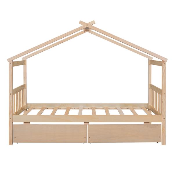 Twin Size Wooden House Bed with Drawers, Natural