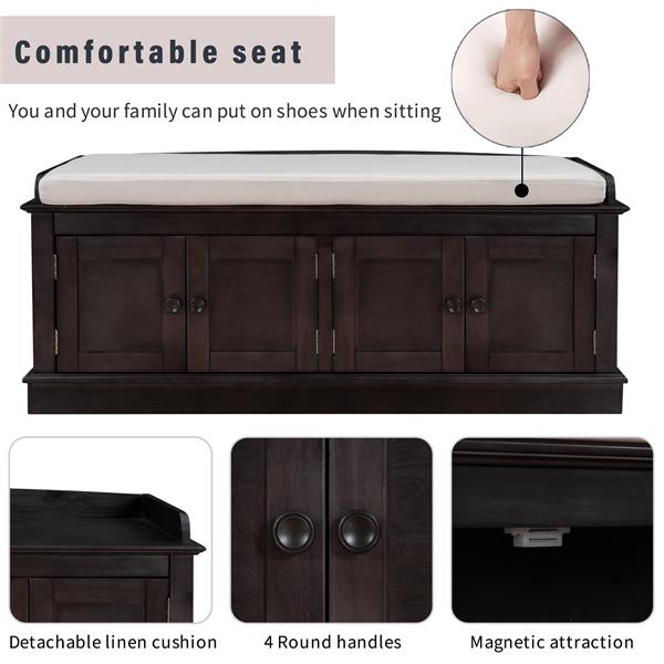 Storage Bench with 4 Doors and Adjustable Shelves, Shoe Bench with Removable Cushion for Living Room, Entryway (Espresso)