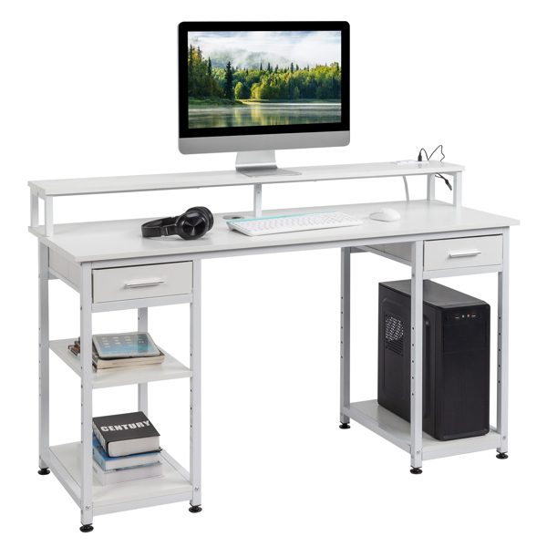 White wood grain particle board with non-woven fabric drawer 140*50*86cm multi-layer shelf computer desk with 2 USB power sockets and 2 power interface