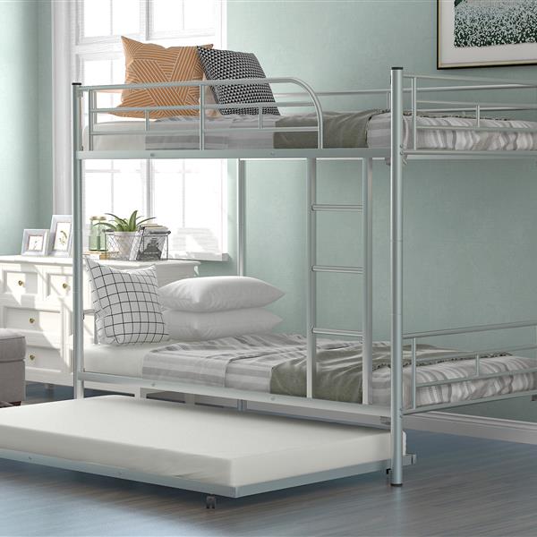 Twin-Over-Twin Metal Bunk Bed With Trundle,Can be Divided into two beds,No Box Spring needed ,White