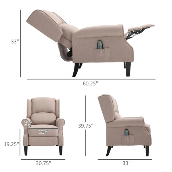 Dark Beige Recliner Chair.   Wingback Single Sofa with Vibration Massage, Heat, Push Back