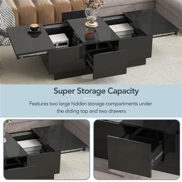 [VIDEO provided] Coffee Table with 2 large Hidden Storage Compartment, Extendable Cocktail Table with 2 Drawers, High-gloss Center Table with Sliding Top for Living Room, 39.3"x21.6", Black