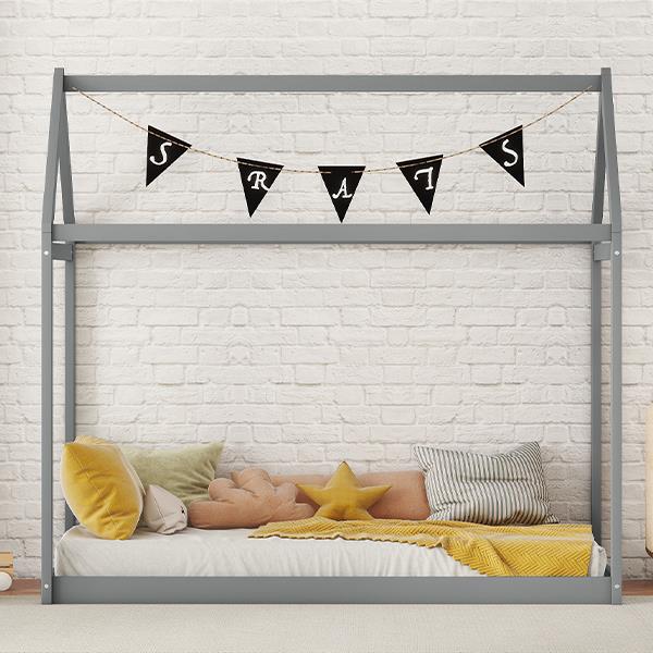 Twin Size Wooden House Bed, Gray