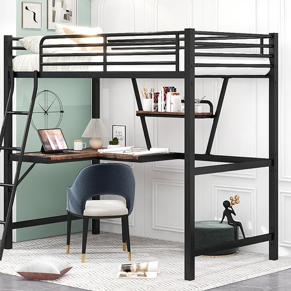 Twin Size Loft Metal&MDF Bed with Desk and Shelf, Black