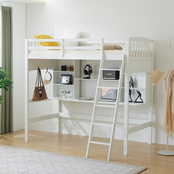 Loft bed with shelf with desk inclined ladder white twin wooden bed pine particle board N101 USA