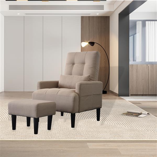 brown living room sofa single chair and ottoman, modern multi-function fabric living room sofa lounge chair bed and stool.   Soft leisure single chair adjustable into 5 angles with sofa bed