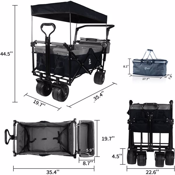 Collapsible Wagon Heavy Duty Folding Wagon Cart with Removable Canopy, 4" Wide Large All Terrain Wheels, Brake, Adjustable Handles,Cooler Bag Utility Carts for Outdoor Garden Wagons Carts Beach Cart