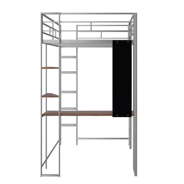 Twin Metal Loft Bed with 2 Shelves and one Desk ,Silver